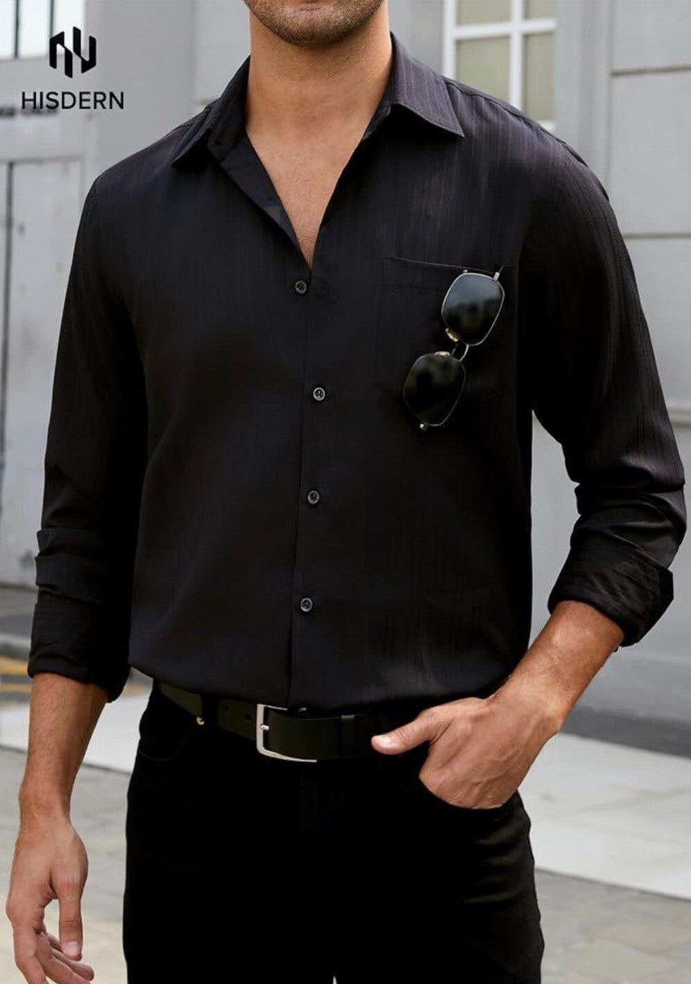 Men’s Black Stripe Button Down Shirt (Large)