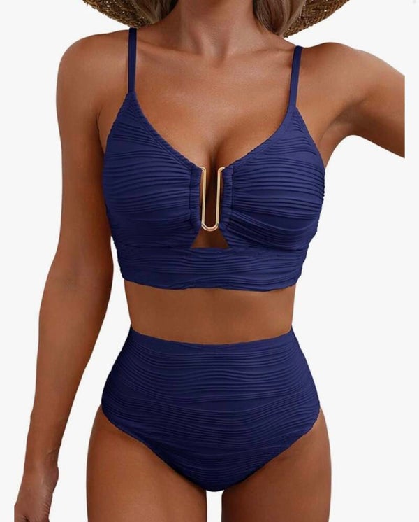 Navy Blue High Waisted 2 Piece Swimsuit (Large)