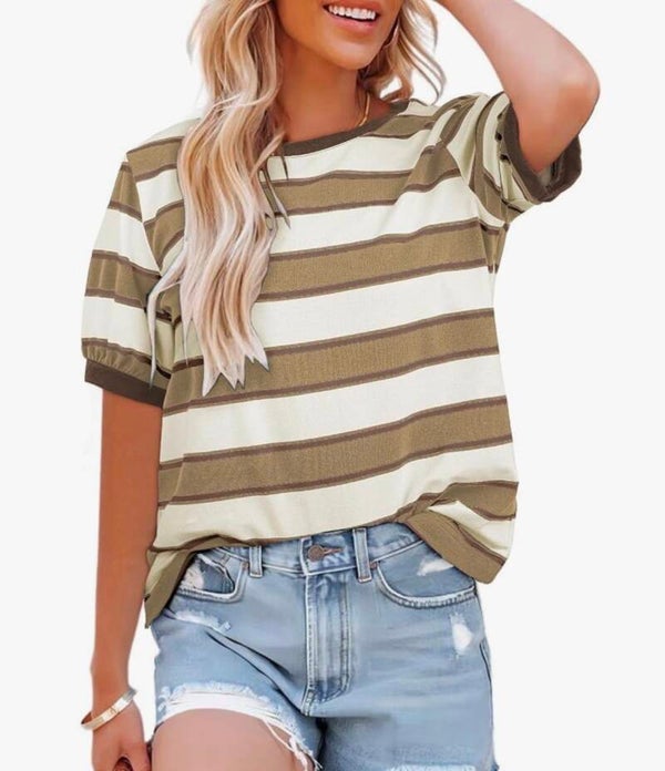 Khaki White Striped Casual Tee (2XL)