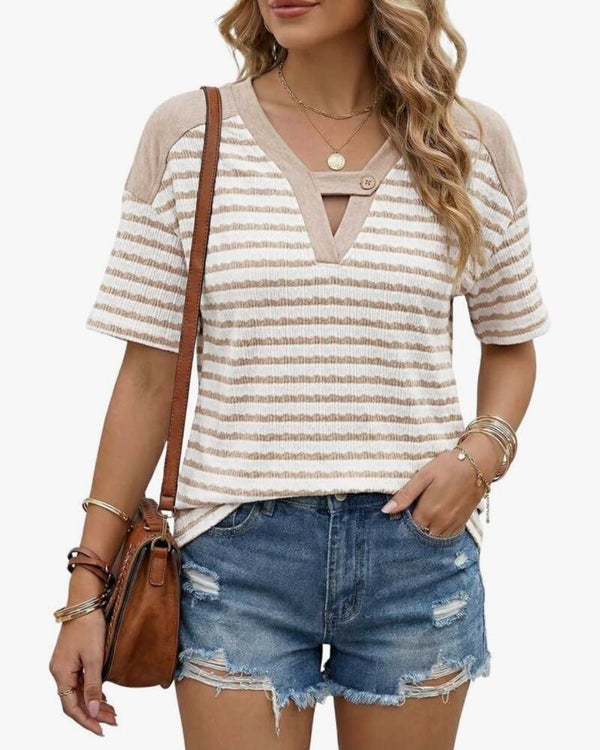 Beige Striped V Neck Short Sleeve Blouse (Large)