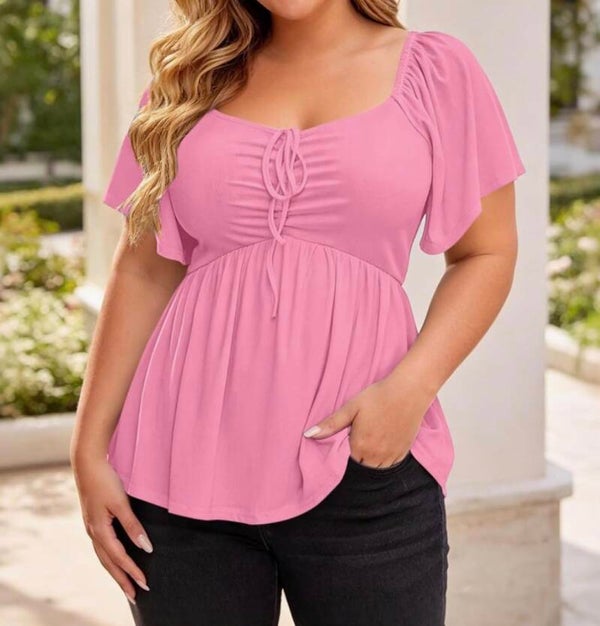 Pink Ruffle Short Sleeve Blouse (1X)