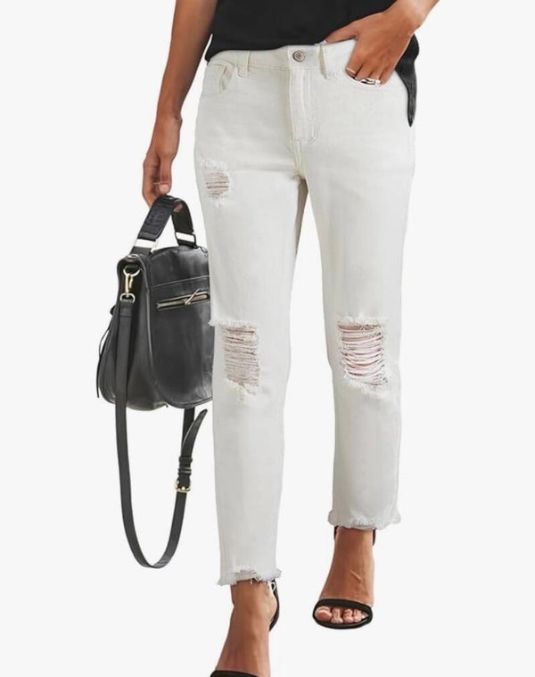 White Distressed Boyfriend Jeans (Size 12)