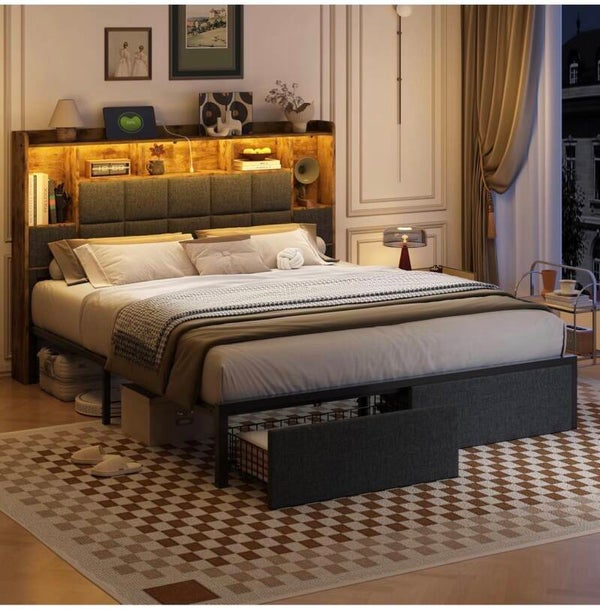 King Size Bed Frame with Bookcase Storage Drawers, LED Lights