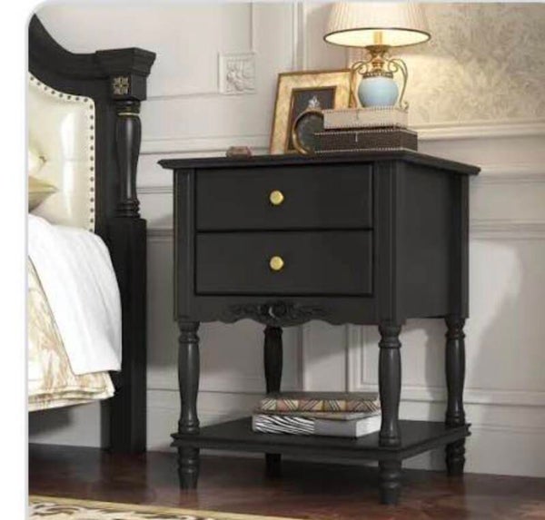 Vintage Black Two Drawer Nightstand With Open Shelf