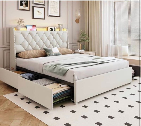 Full Size Bed Frame with 4 Drawers and Storage Headboard, Upholstered Tufted Wingback Bed Frame with LED Lights and Charging Station