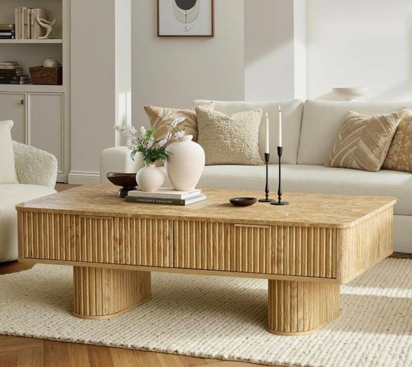 Rectangle Coffee Table with Storage, Faux Marble Top, Walnut