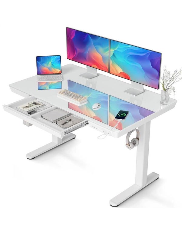 Glass Standing Desk with Drawers & USB Ports 48x24 Inch, White