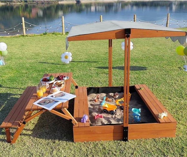 Kids Sandbox with Lid & Canopy, Picnic Table, Outdoor Sand Pit Ages 4-8
