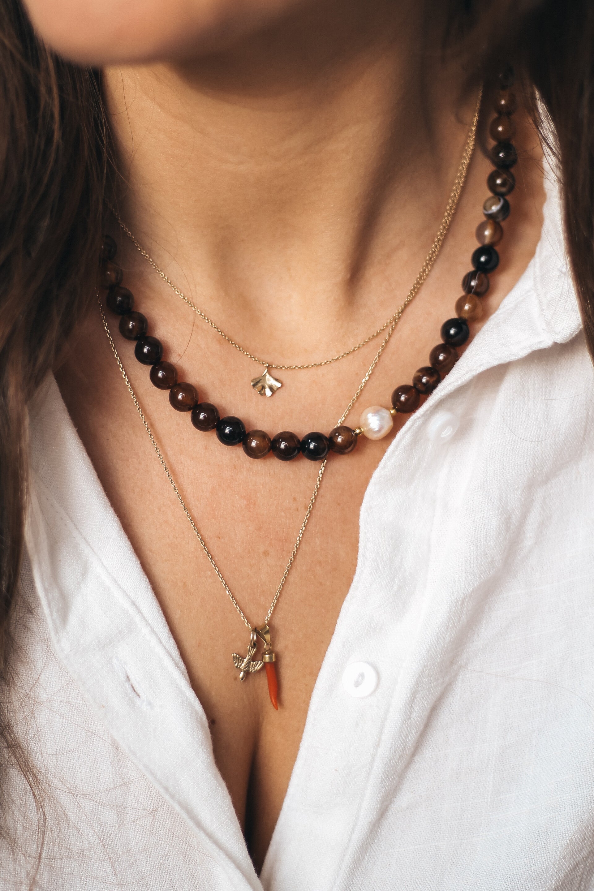 Ketting | Coffee agaat + parel | 8 mm