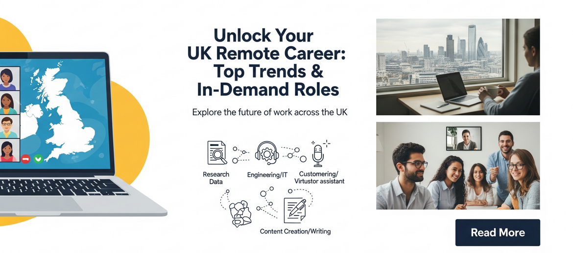 A banner for an article about remote jobs in the UK, showing a laptop with a UK map and icons representing different remote work roles