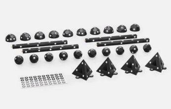 Set of black 3D printed scanning markers, domes, bars, triangles, and adhesive dots used for high-accuracy 3D scanning and photogrammetry. Professional scanning accessories used by 3D Creations in Bangor PA.