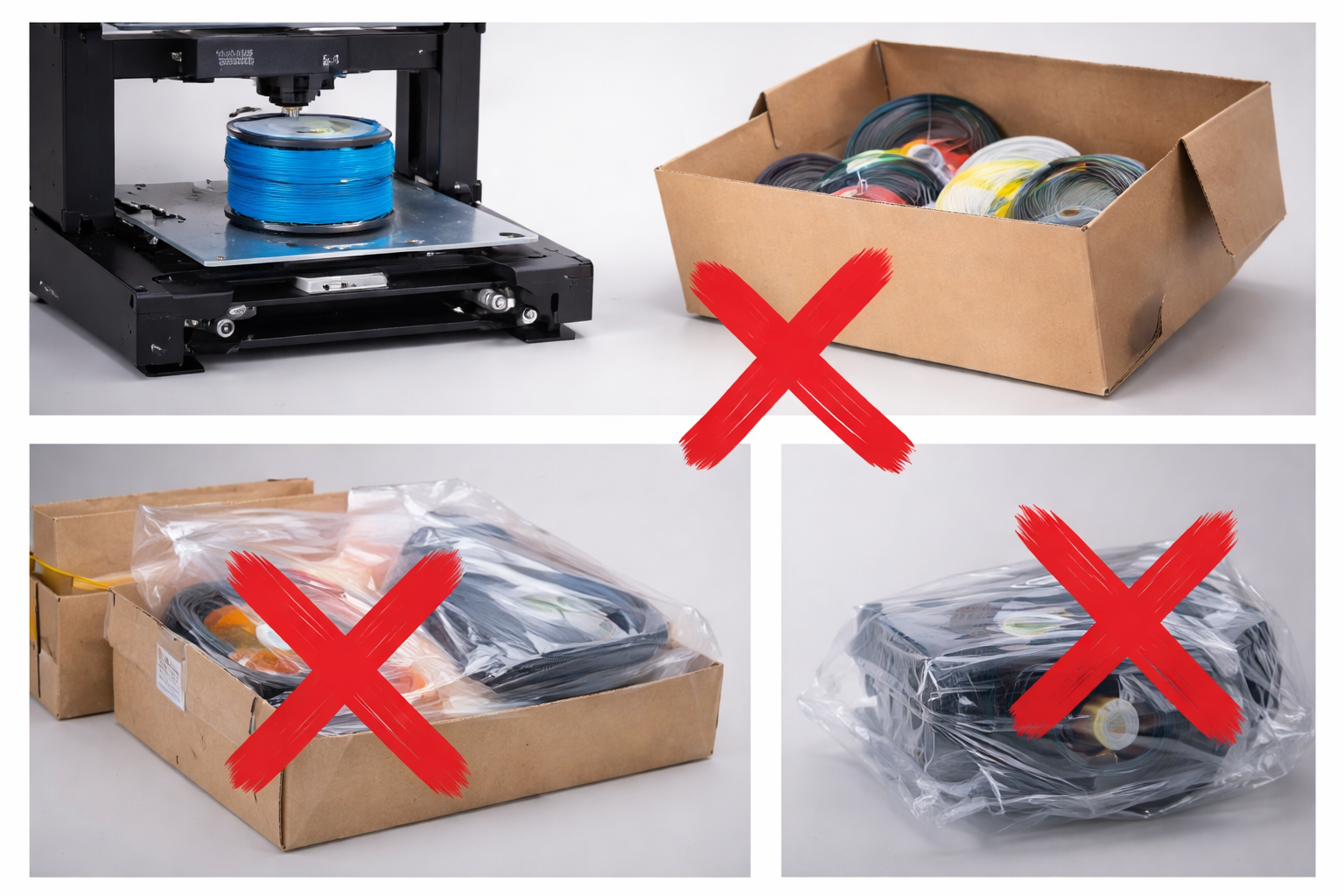 Examples of bad filament storage practices including leaving filament on the printer, storing in open cardboard boxes, and using cheap plastic bags marked with red X at 3D Creations workshop in Bangor PA