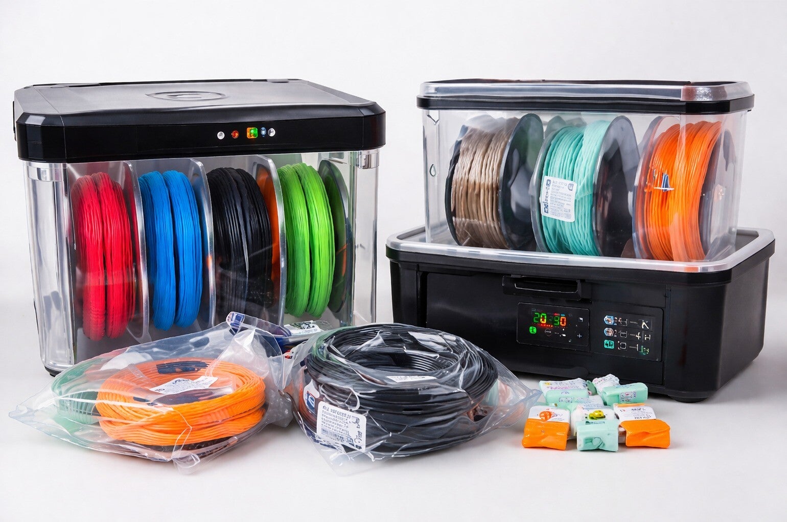 High quality filament storage setup showing dry boxes and vacuum sealed Overture PLA and PETG filament spools at 3D Creations in the Slate Belt area