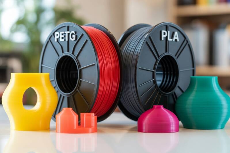 Red PETG and gray PLA 3D printer filament spools with colorful 3D printed sample objects including yellow vase, orange parts, magenta dome and teal vase - available for same-day pickup at our local 3D printing store in Bangor PA