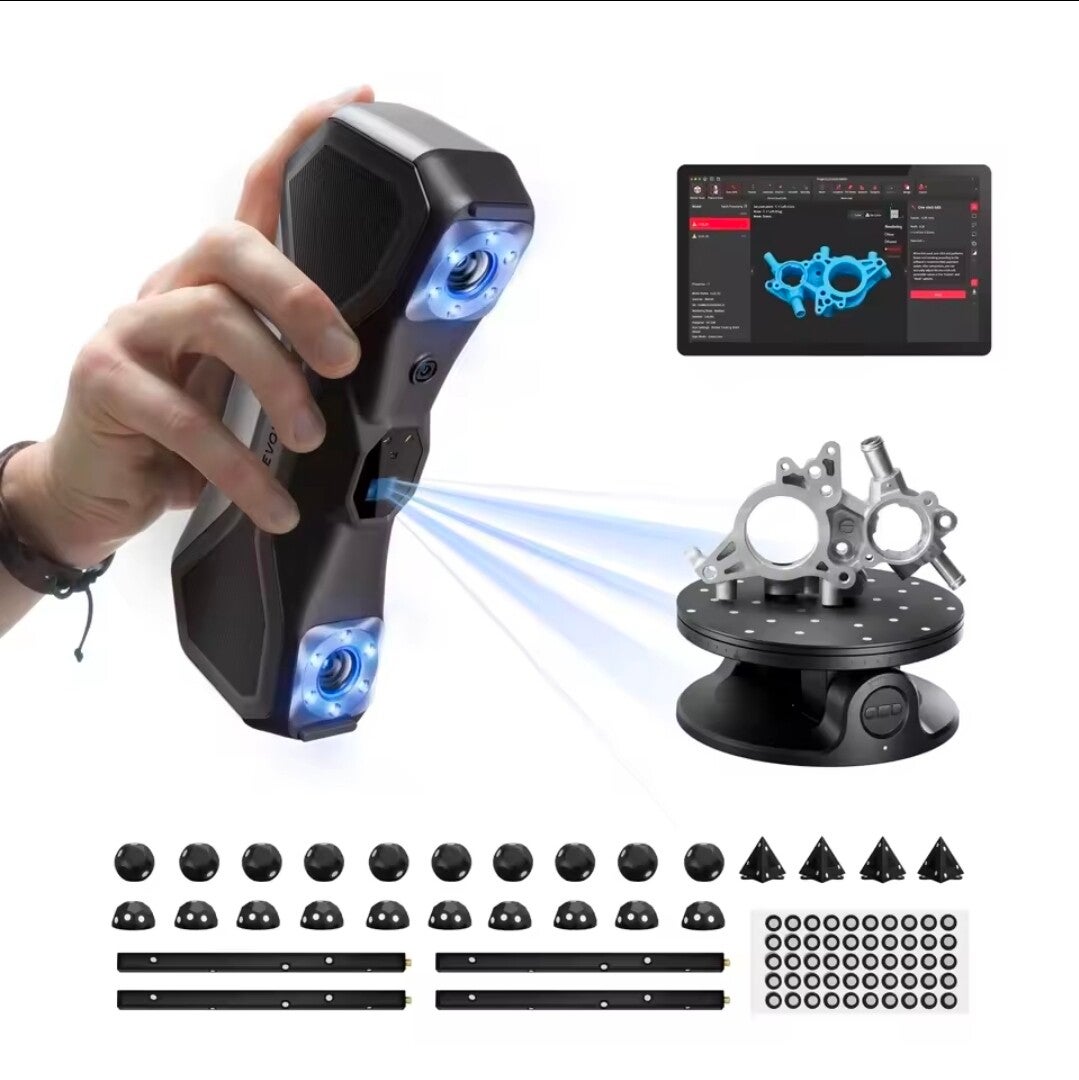 Revopoint MetroX 3D scanner feature overview showing blue laser scanning, 4 scanning modes, fast GPU processing, RevoScan software, and metrology-grade accuracy up to 0.02mm. Professional 3D scanning solution trusted by 3D Creations.