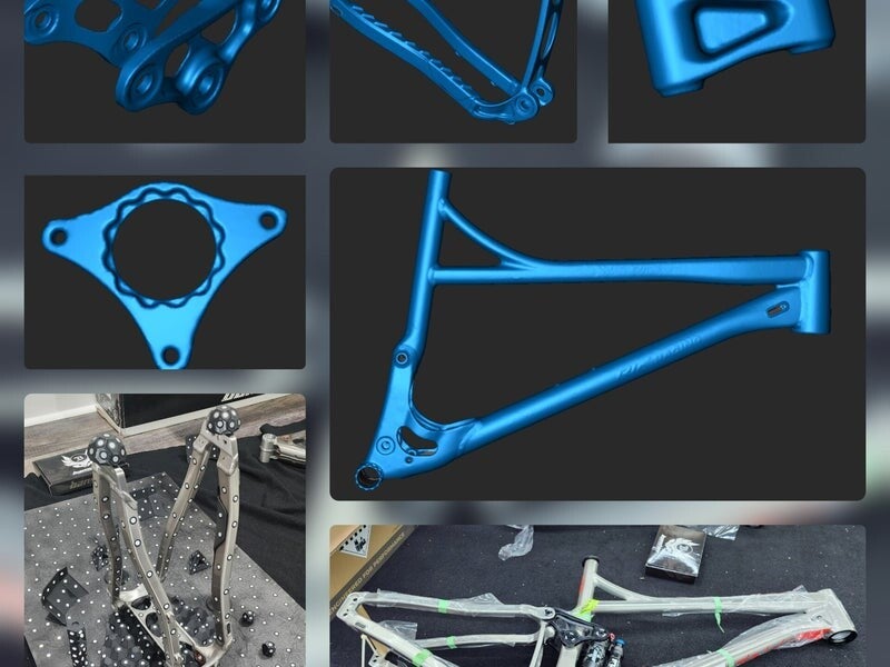 Revopoint 3D scanner actively scanning a blue custom bicycle frame. High-precision 3D scanning of mechanical parts and prototypes performed by 3D Creations in Slate Belt.