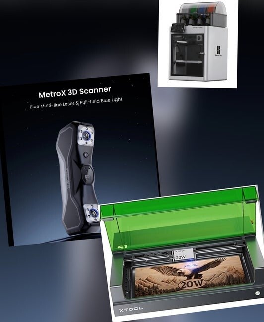 Professional setup showcasing Revopoint METRO X 3D scanner and xTool 20W laser engraver. High-precision 3D scanning and laser engraving equipment used by 3D Creations workshop in Bangor PA for custom projects and prototyping.