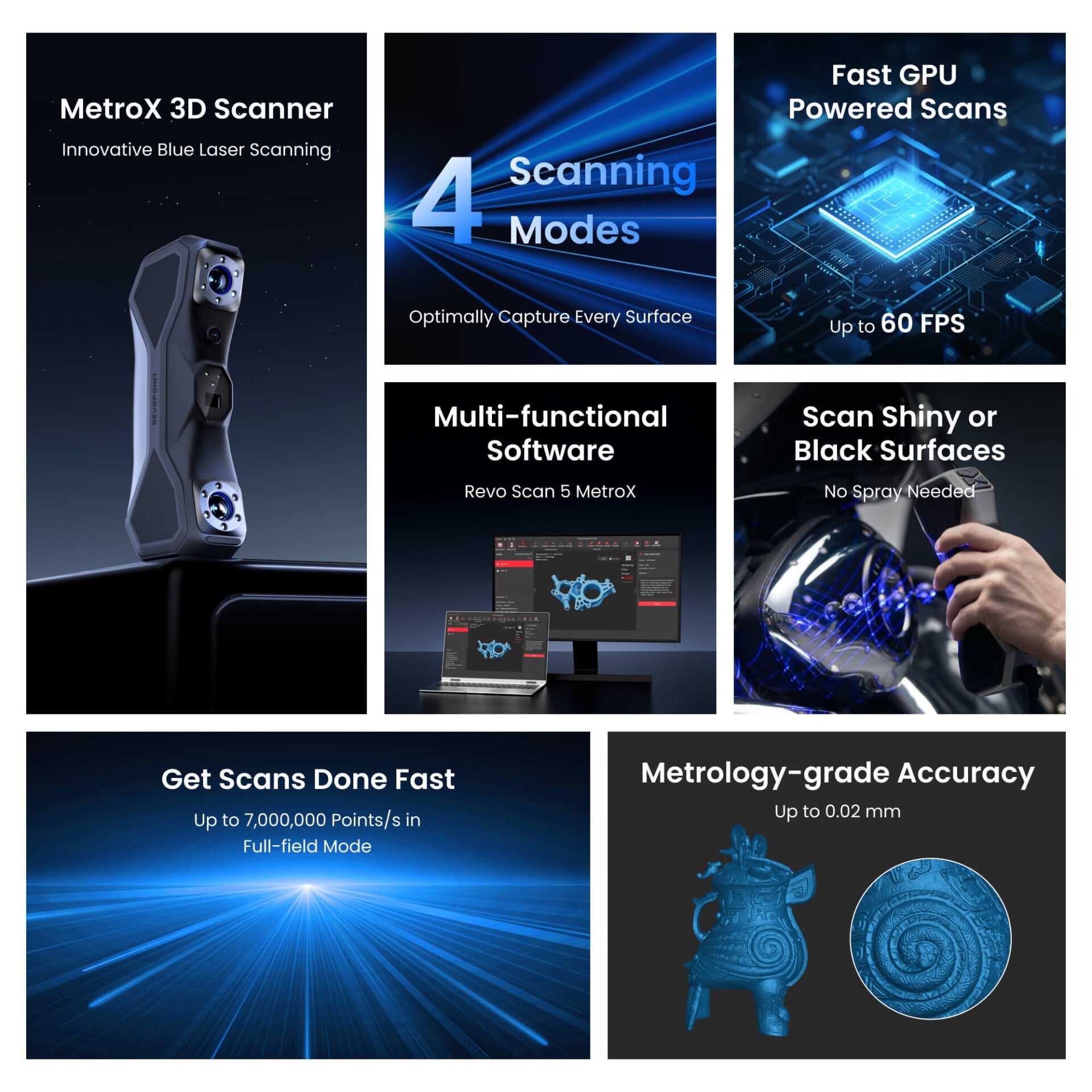 Hand holding Revopoint 3D scanner actively scanning a metal mechanical part with blue laser lines. Professional 3D scanning in real time with RevoScan software shown on tablet, perfect for reverse engineering and precise 3D models.