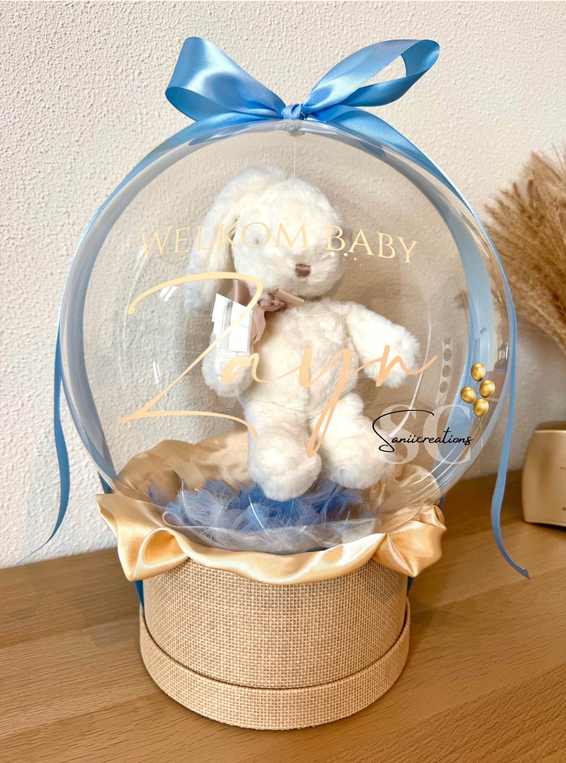 Gepersonaliseerde Geboorteballon met Konijn Knuffel en Naam – Luxe Kraamcadeau Jongen