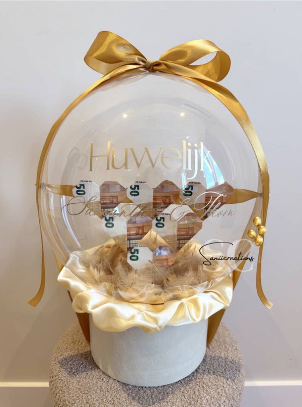 Gepersonaliseerde Huwelijksballon met Geldhartjes – Luxe Geldcadeau voor Bruiloft