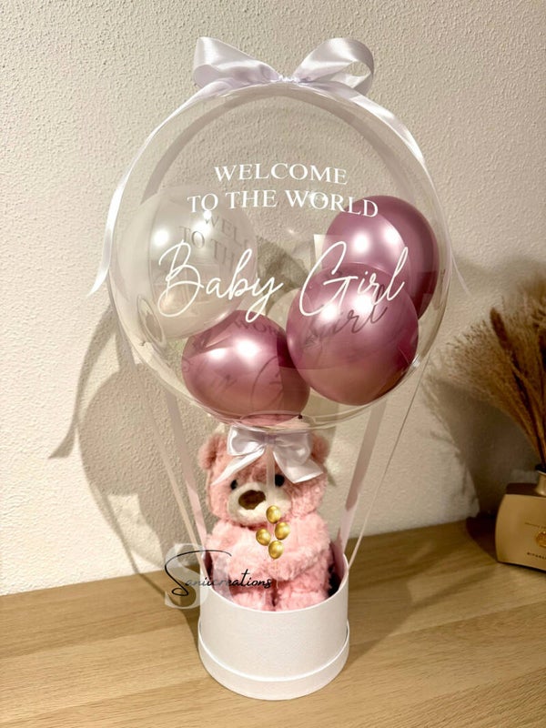 Gepersonaliseerde Baby Girl Luchtballon met roze Knuffel – Luxe Kraamcadeau met Naam