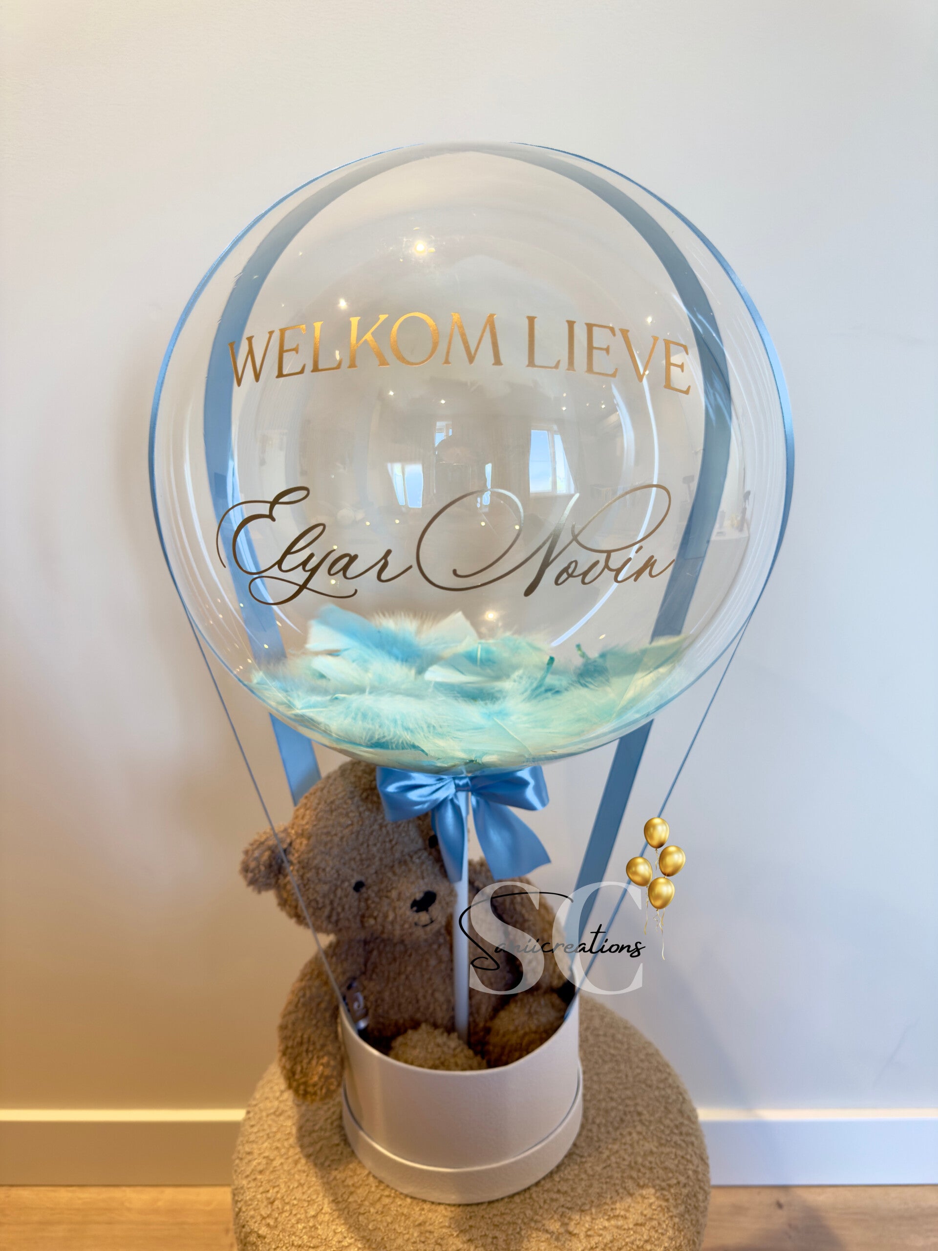 Gepersonaliseerde Hot Air Ballon met Naam en Jollein knuffel – Luxe Kraamcadeau voor Jongen
