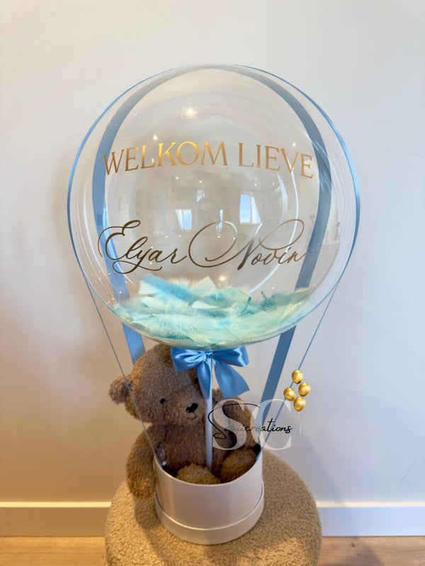 Gepersonaliseerde Hot Air Ballon met Naam en Jollein knuffel – Luxe Kraamcadeau voor Jongen