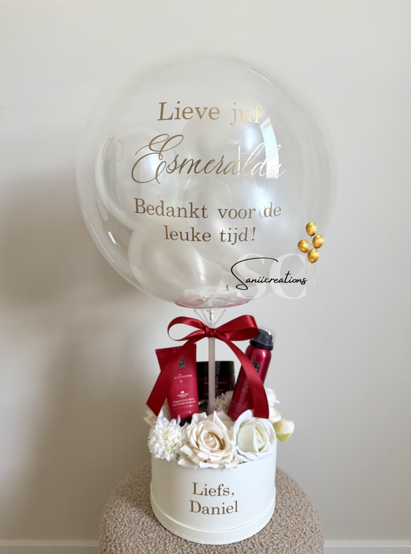 Bedankje Juf/Meester Balloncadeau met Gepersonaliseerde Bobo Ballon | Luxe Cadeaubox met Rituals Giftset & Bloemen