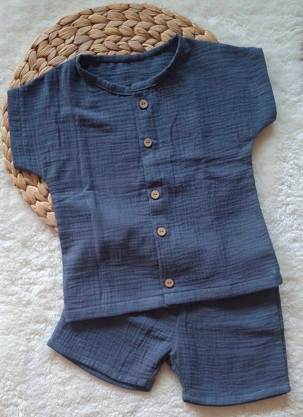 Setje bloesje met knoopjes jeansblauw