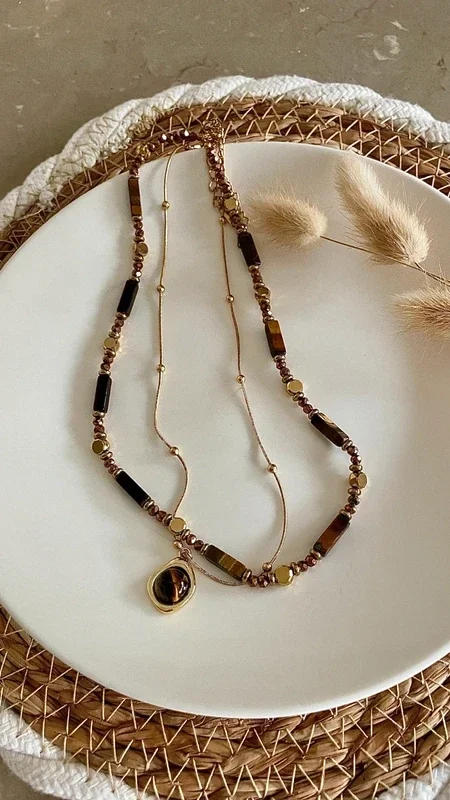 Dubbele tijgeroog kralenketting – boho-chic damesketting met hanger
