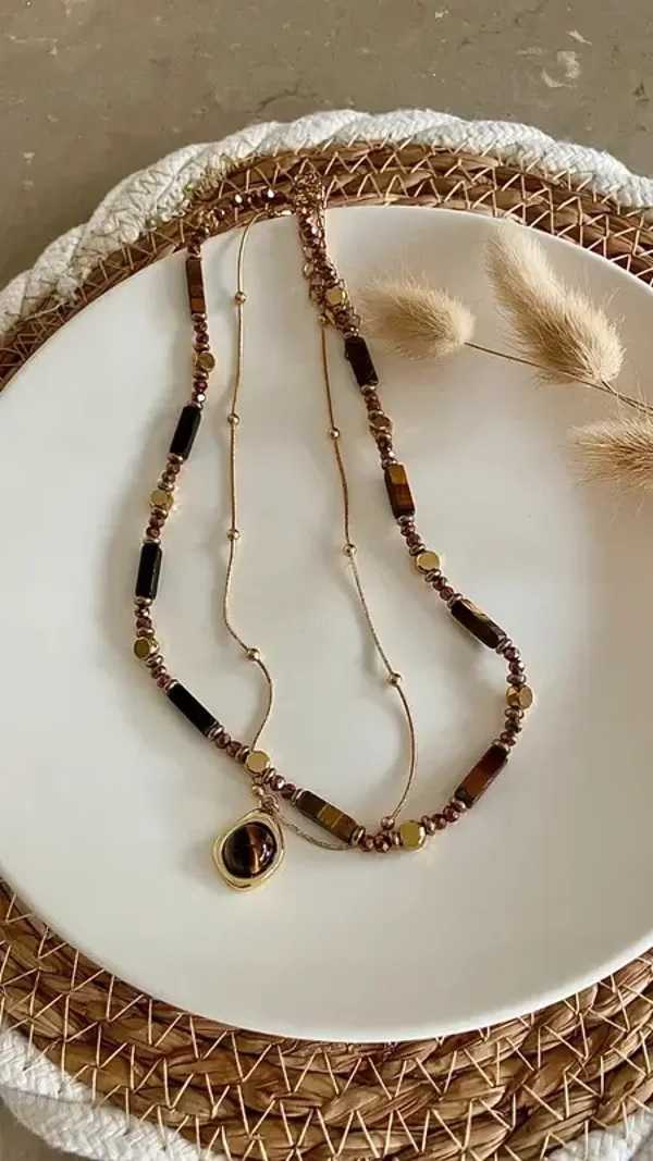 Dubbele tijgeroog kralenketting – boho-chic damesketting met hanger