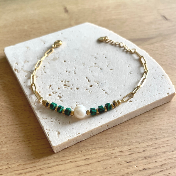 14K Gold Plated Preppy Armband – Groene Kraaltjes & Parel | Waterproof & Non-Tarnish