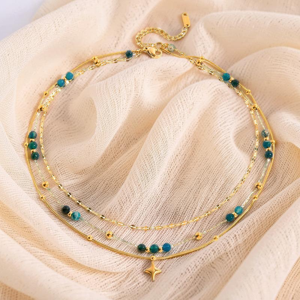 3-Laags Ketting Goud met Ster & Blauwe Natuursteen – 304 RVS Layered Necklace Dames
