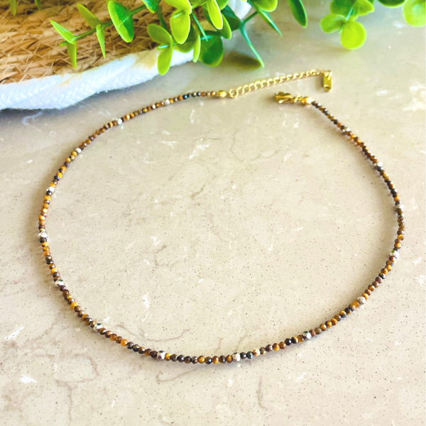 Korte tijgeroog kralenketting – boho-chic damesketting 38 + 5 cm