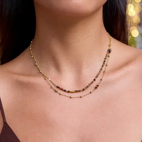 Dubbele tijgeroog ketting goud – layered RVS dames 39–45 cm