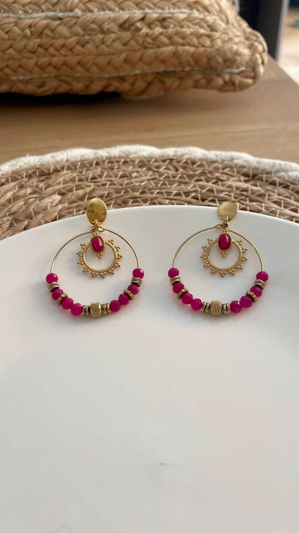 Luxe Statement Oorbellen Goud met Fuchsia Kralen – RVS 304 Bohemian Chic Dames Sieraden