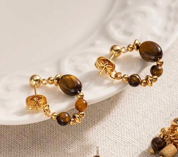 Tijgeroog Oorbellen – 18K Gold Plated Retro Style | by Mariluz