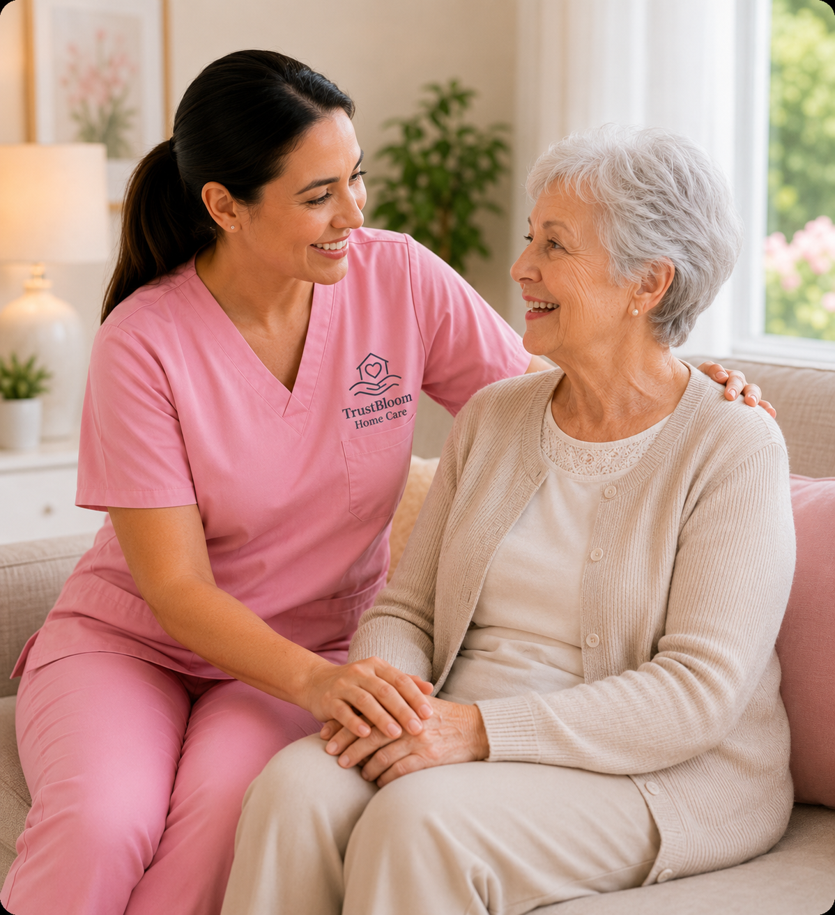 TrustBloom Home Care caregiver providing compassionate in-home senior support and companionship to an older adult.