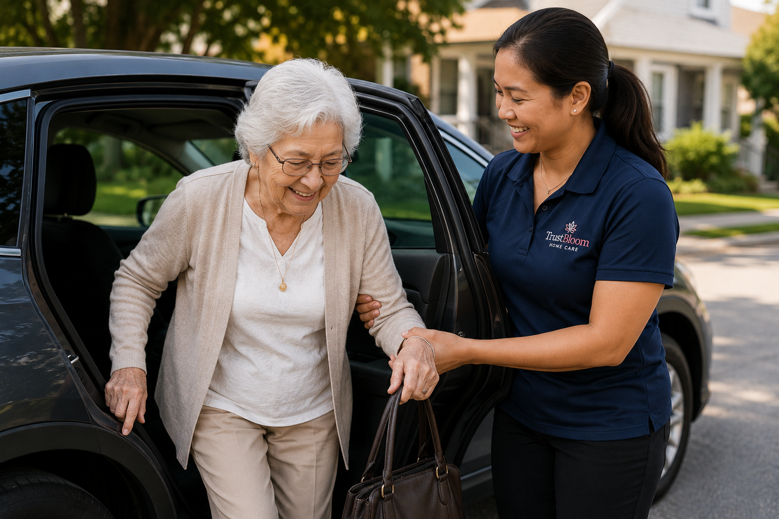 Senior receiving transportation and accompaniment support from a TrustBloom caregiver