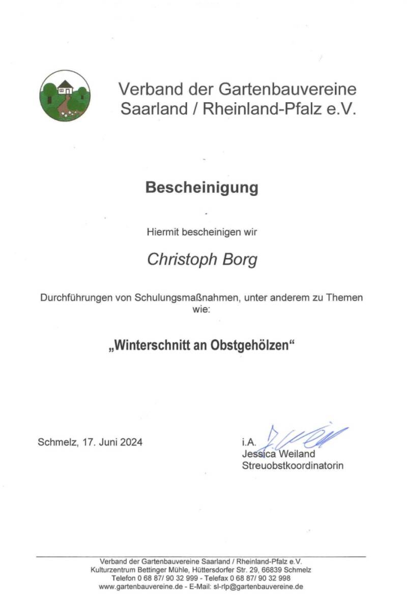 Eine Bescheinigung für Christoph Borg, dem Pfalzschnibbler des Gartenbauverbandes über die Durchführung von Wimterschnittkursen für den Verband als Referent