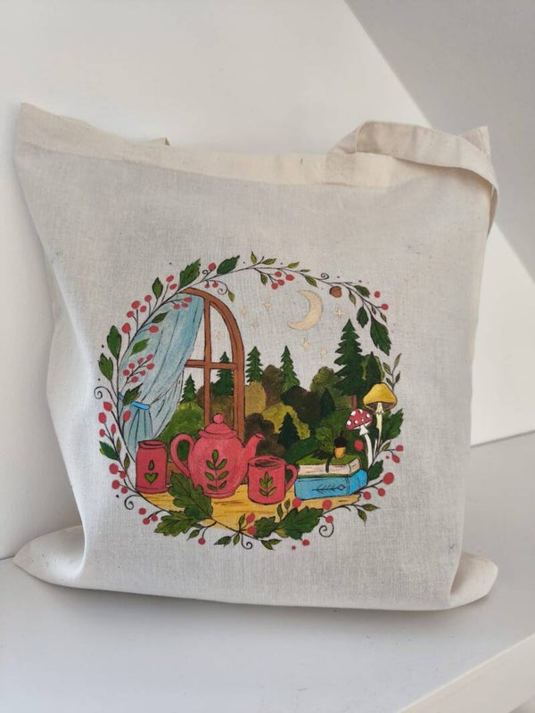 Handbemalte Baumwolltasche  "Waldzauber"