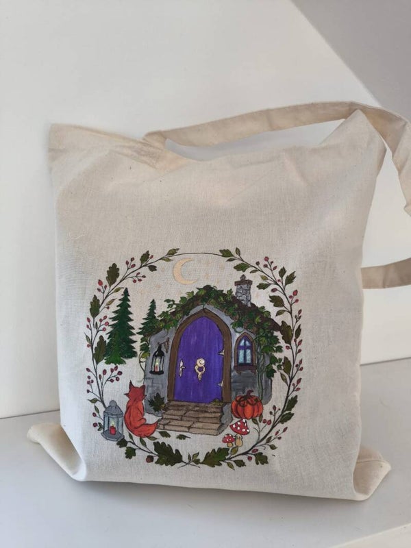 Handbemalte Baumwolltasche "Hexenhütte"