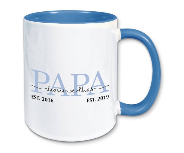 Tasse, Kaffeebecher, Papa personalisiert mit den Namen und Geburtsjahren der Kinder