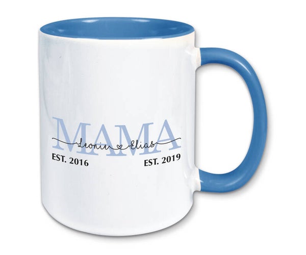 Tasse, Kaffeebecher, Mama personalisiert mit den Namen und Geburtsjahren der Kinder
