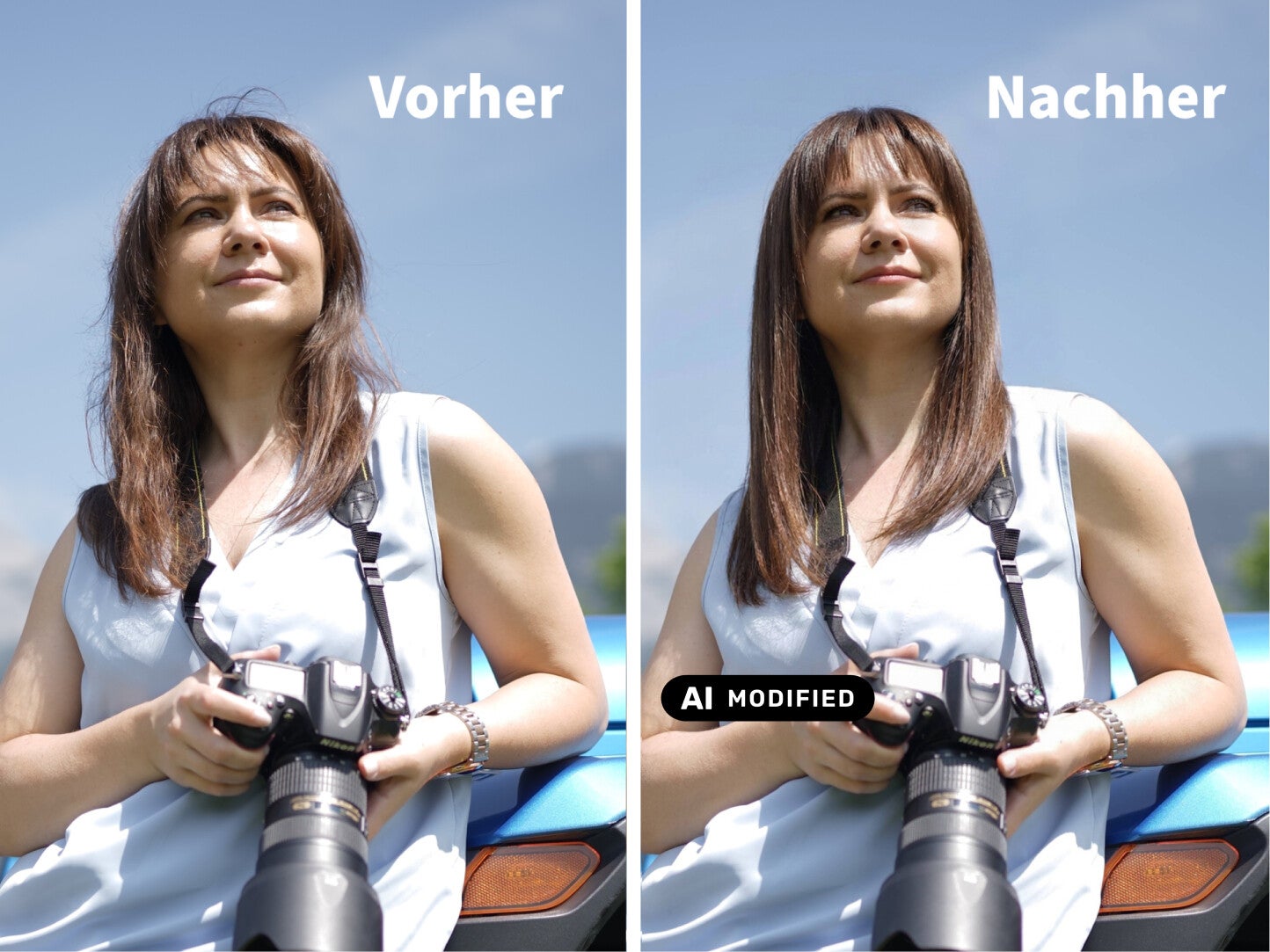 Vorher‑Nachher‑Vergleich eines Outdoor‑Porträts mit gebändigten Haaren, Hautretusche und optimiertem Make‑up.