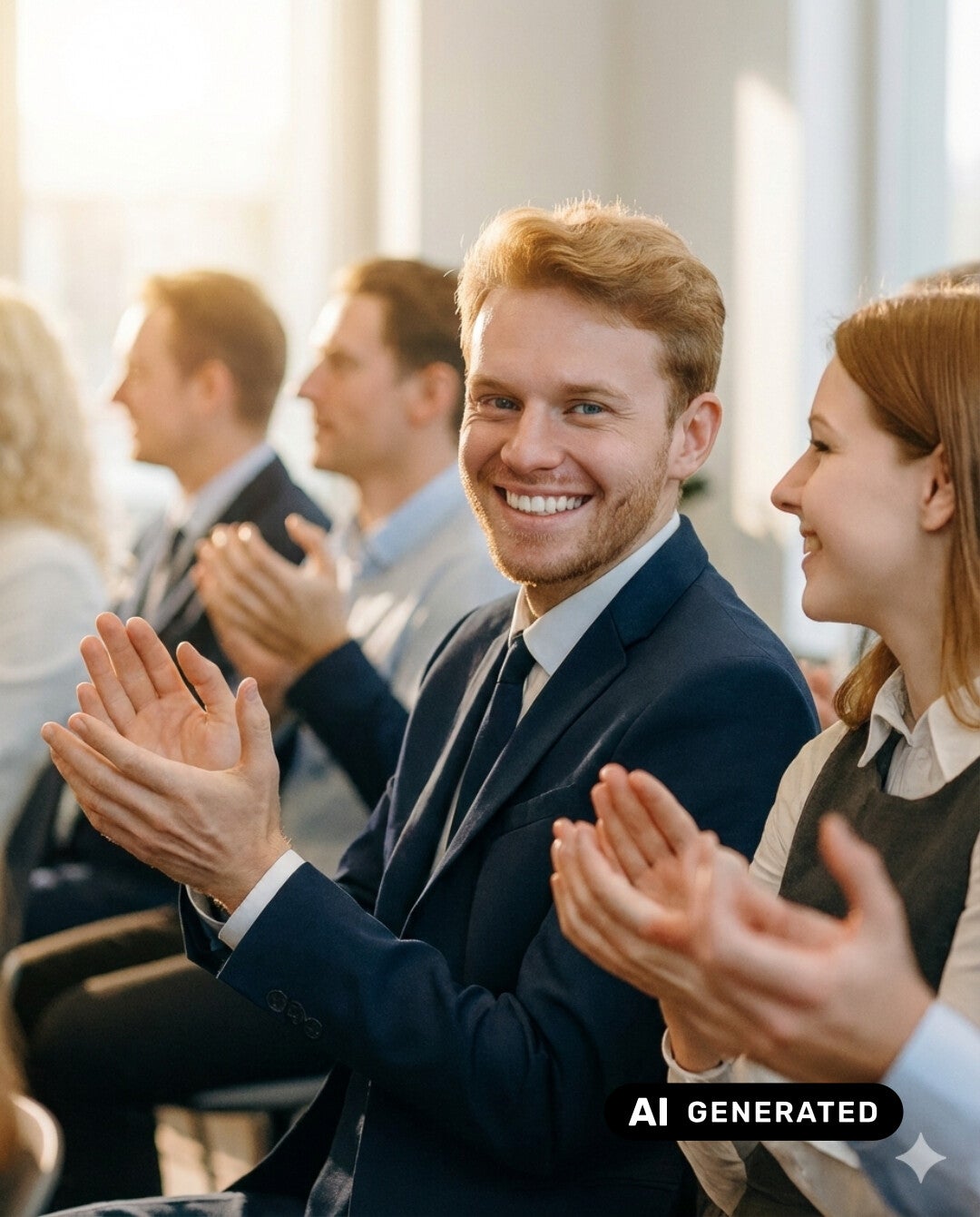 Business‑Event  – Ein Mann im dunkelblauen Anzug lächelt in die Kamera und applaudiert, während weitere Teilnehmende im Hintergrund ebenfalls klatschen. – AI‑generiert, erstellt von Natalja Matasov.