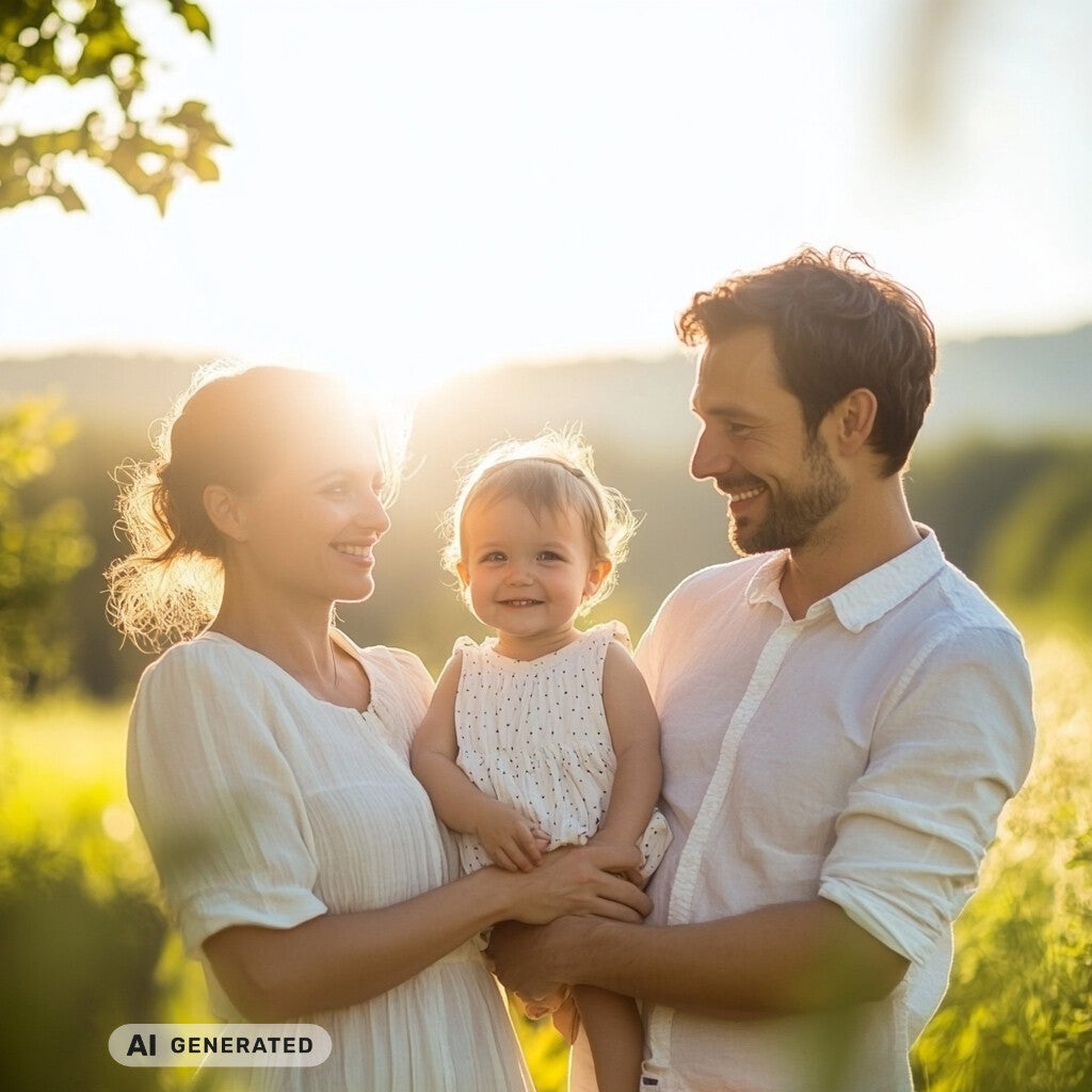 Fotoshooting Schweinfurt Outfit‑Tipps Familie – fließende Midi‑ oder Maxikleider, leichte Blusen und Strickjacken in hellen Stoffen für harmonische Familienlooks; AI‑generiert.