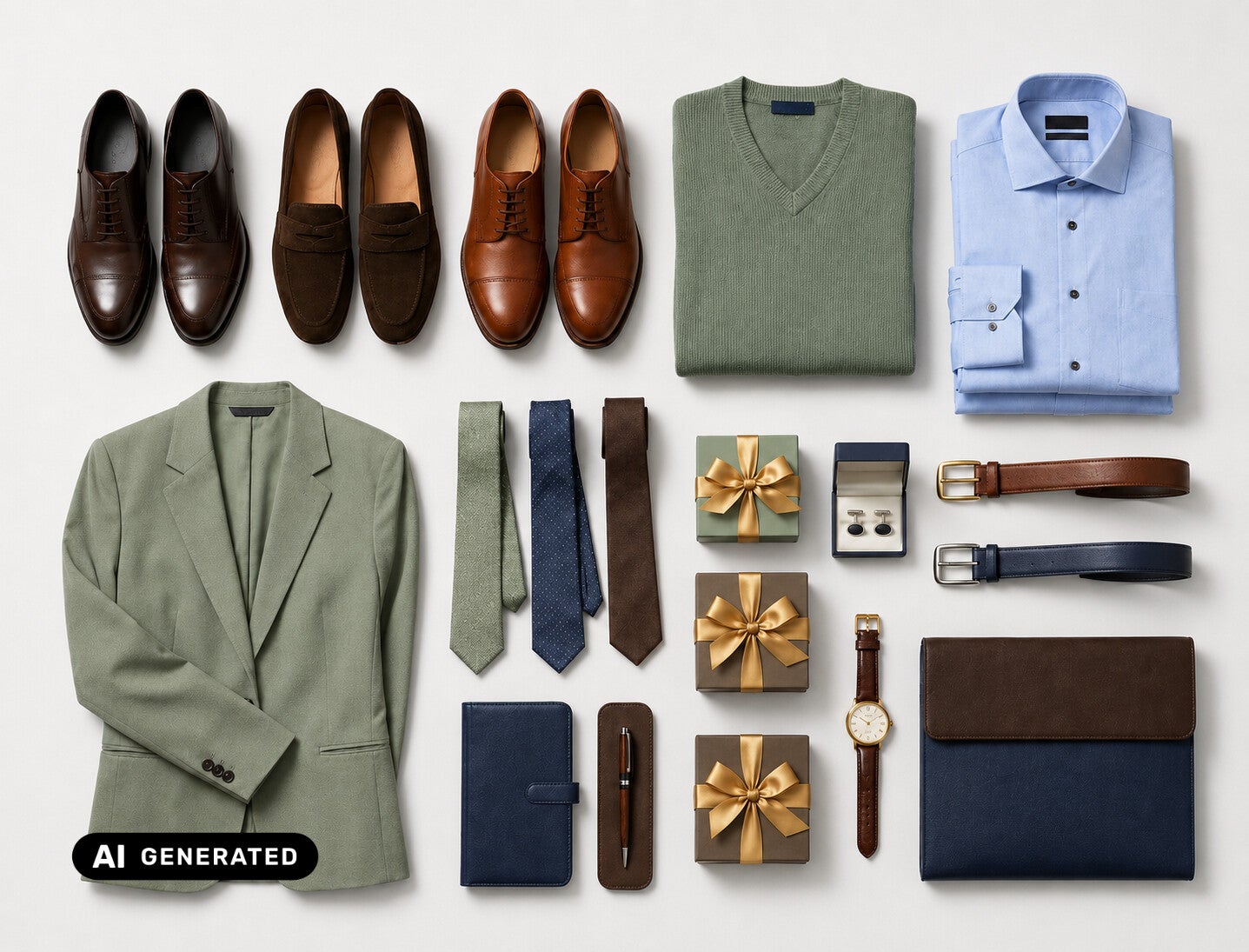 Flach gelegte Herren‑Outfits mit Schuhen, Hemd, Blazer, Pullover, Krawatten, Gürteln, Uhr und Geschenkboxen in abgestimmten Grün‑, Blau‑ und Brauntönen als Outfit‑Inspiration für Bewerbungsfotos & Businessfotografie in Schweinfurt. KI‑Bild.