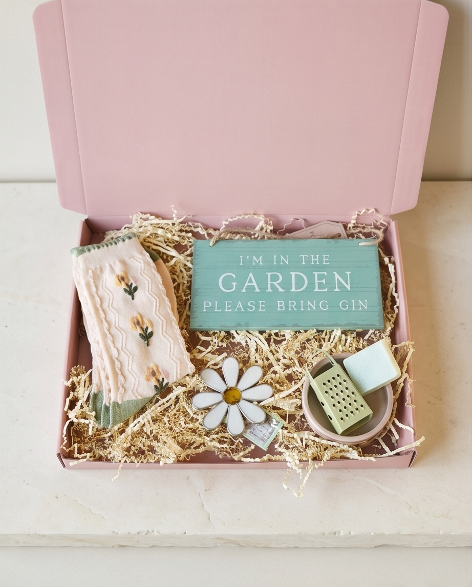 Brievenbuscadeau in een roze doos A4- beige swizzlepack-rufia sokken met bloemen-tuinbordje i'm in the garden please bring gin. Keramiek schaaltje-mini rasp-geurblokje bybazz- suncather madelief.jpg