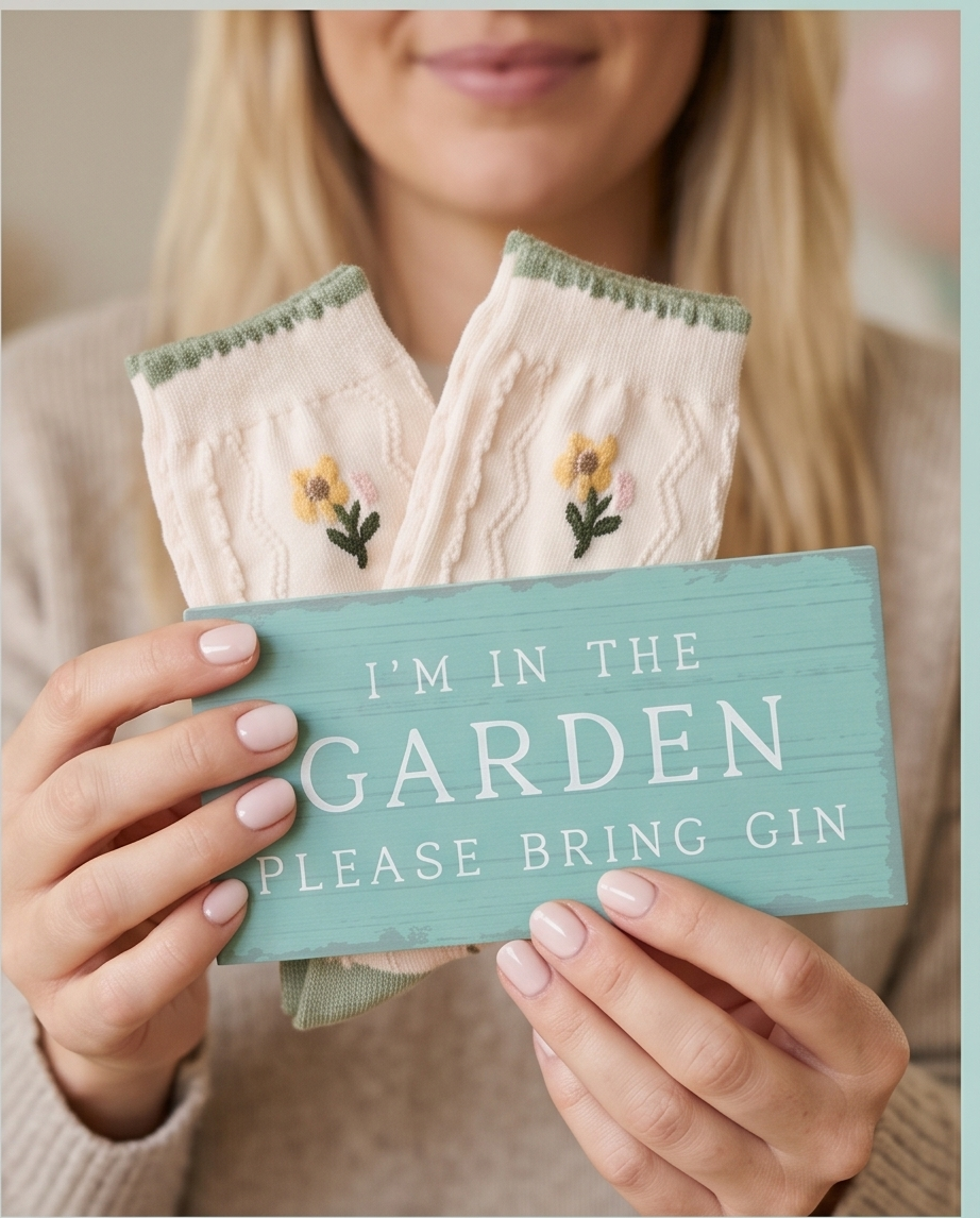 Vrouw, tuin bordje i'm in de garden please bring gin en rufia sokken.jpg